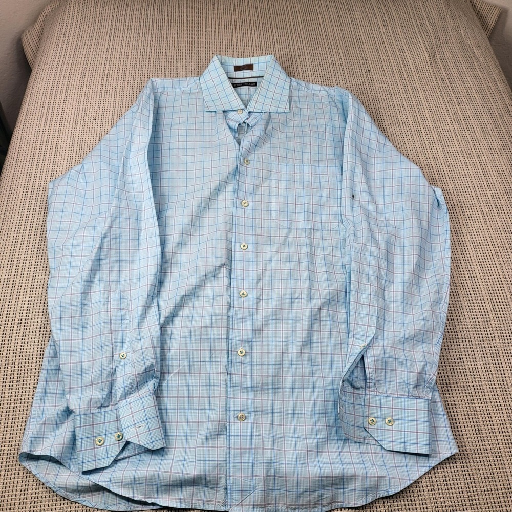 Peter Millar Dress Shirt Mens Large Blue Check 100% Cotton Long Sleeve Business